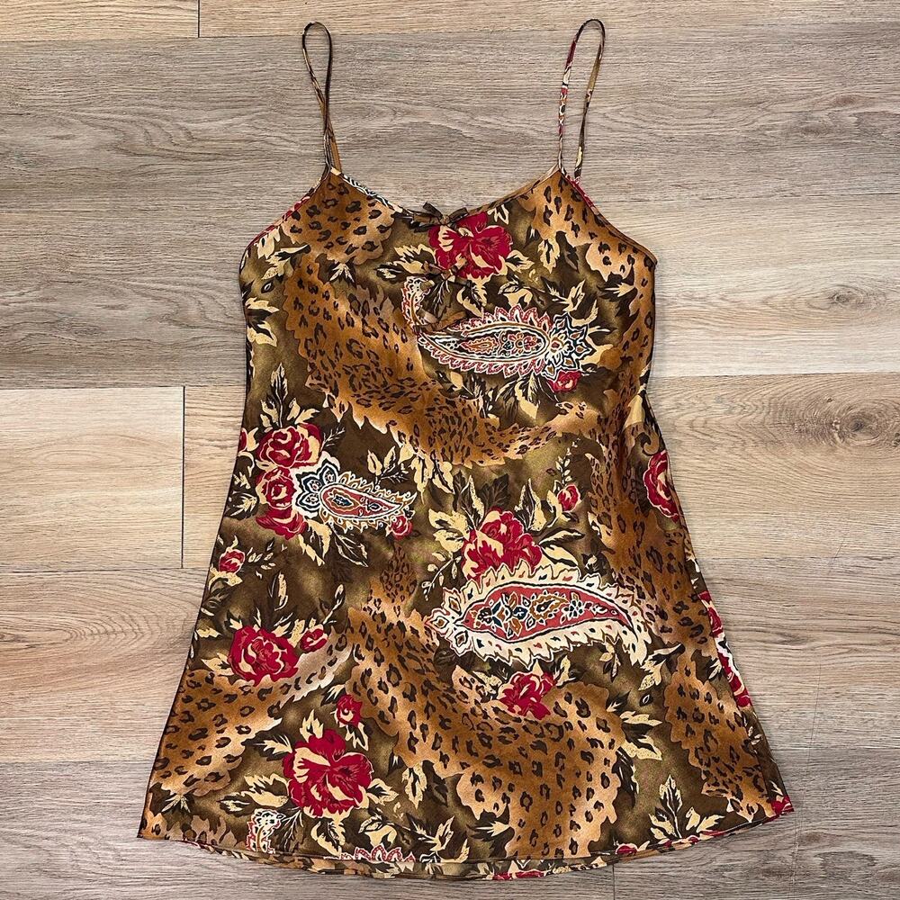 VTG Satin Leopard Paisley Print Slip Dress Womens Med Y2K WhimsiGoth Gypsy PinUp